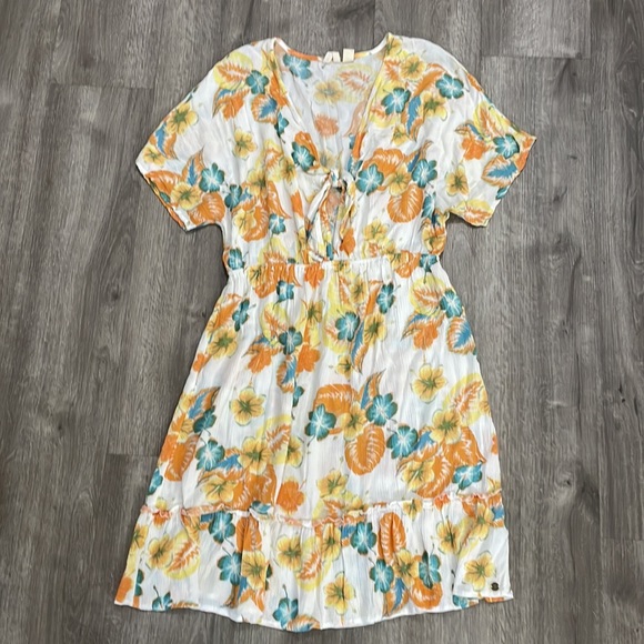 Roxy Tropical Floral Teal Orange Yellow Beach Sundress Mini Dress - Picture 1 of 8
